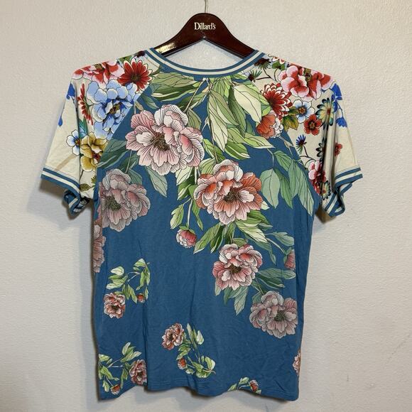 Johnny Was Romano Raglan Short Floral Tee Shirt Flower Rose Blue Top Size Small - Picture 3 of 4